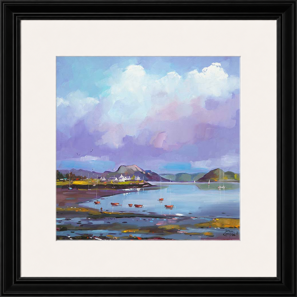 Plockton Bay by Daniel Campbell framed wall art print showing Plockton Bay with calm reflective water and soft mauve coastal tones