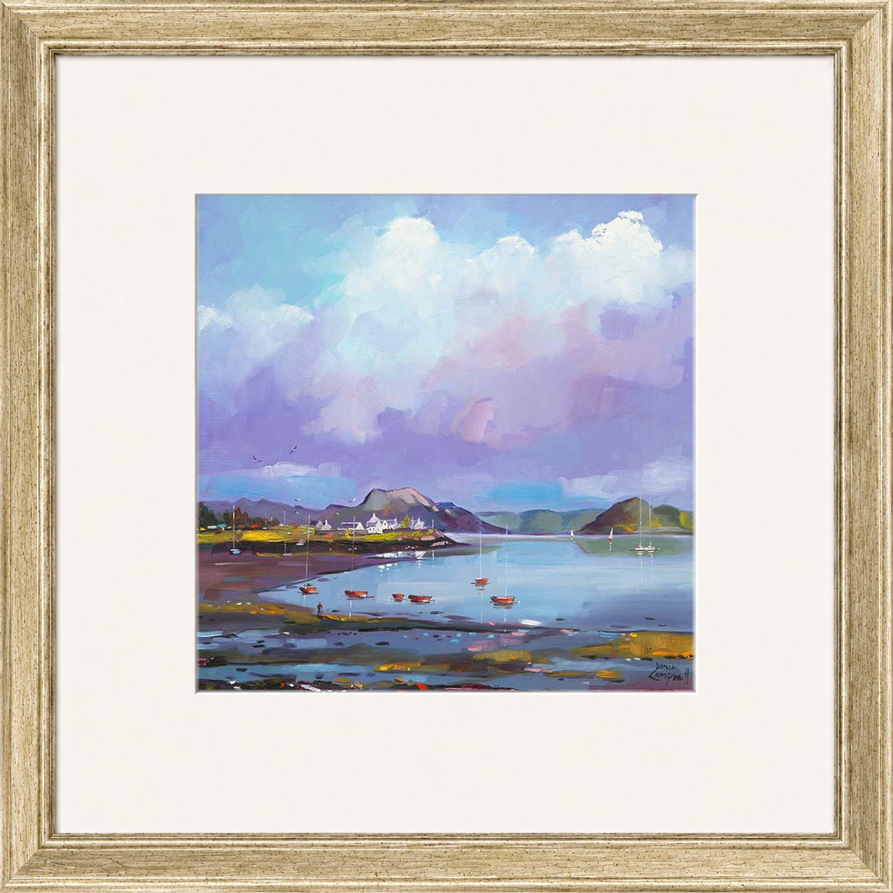 Plockton Bay by Daniel Campbell framed wall art print showing Plockton Bay with calm reflective water and soft mauve coastal tones