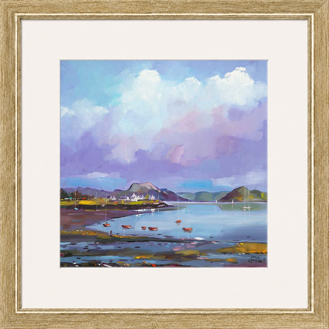 Plockton Bay by Daniel Campbell framed wall art print showing Plockton Bay with calm reflective water and soft mauve coastal tones