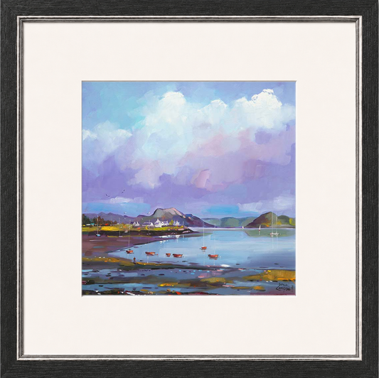Plockton Bay by Daniel Campbell framed wall art print showing Plockton Bay with calm reflective water and soft mauve coastal tones