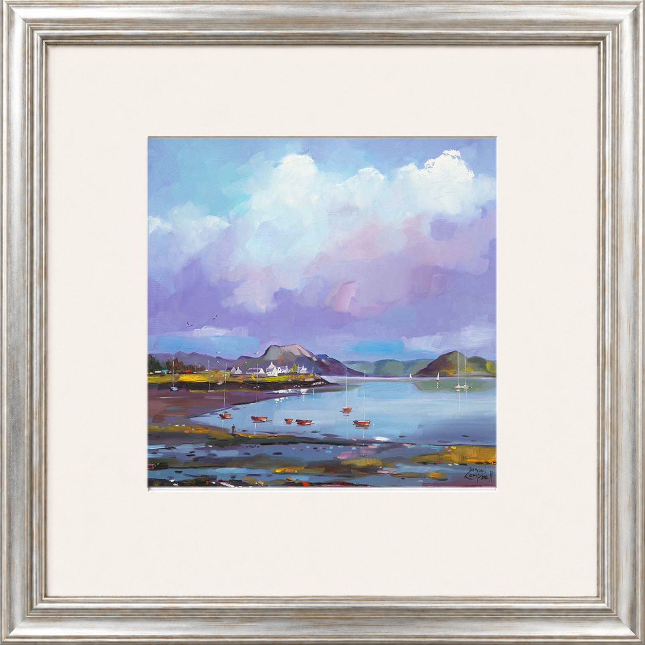 Plockton Bay by Daniel Campbell framed wall art print showing Plockton Bay with calm reflective water and soft mauve coastal tones