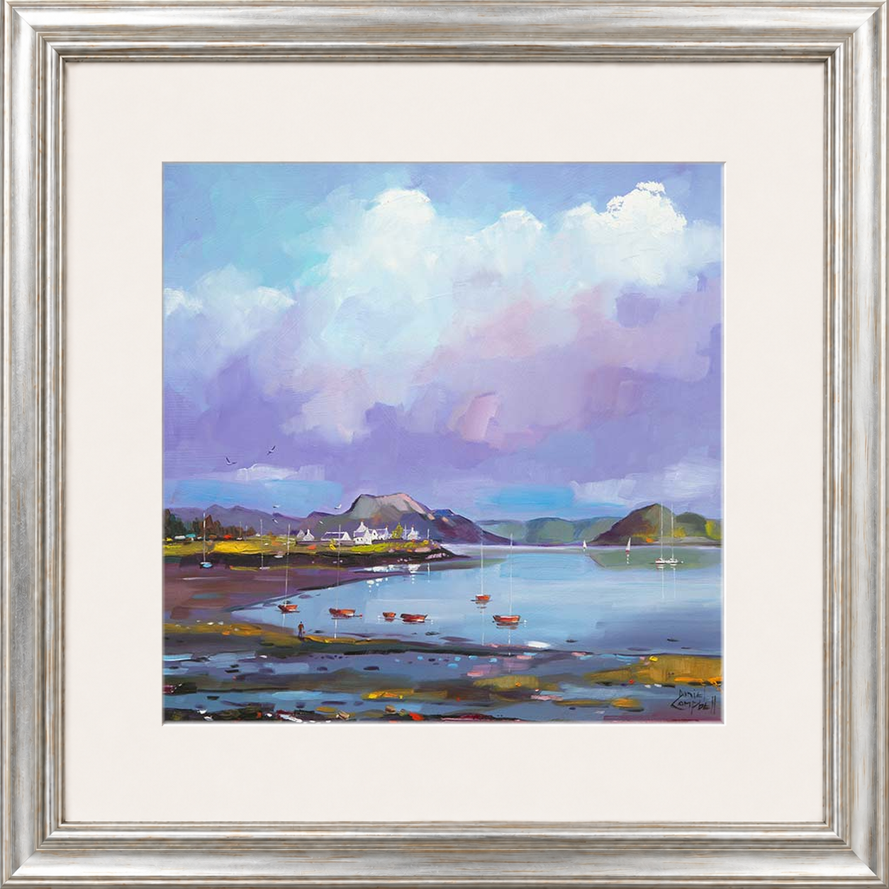 Plockton Bay by Daniel Campbell framed wall art print showing Plockton Bay with calm reflective water and soft mauve coastal tones