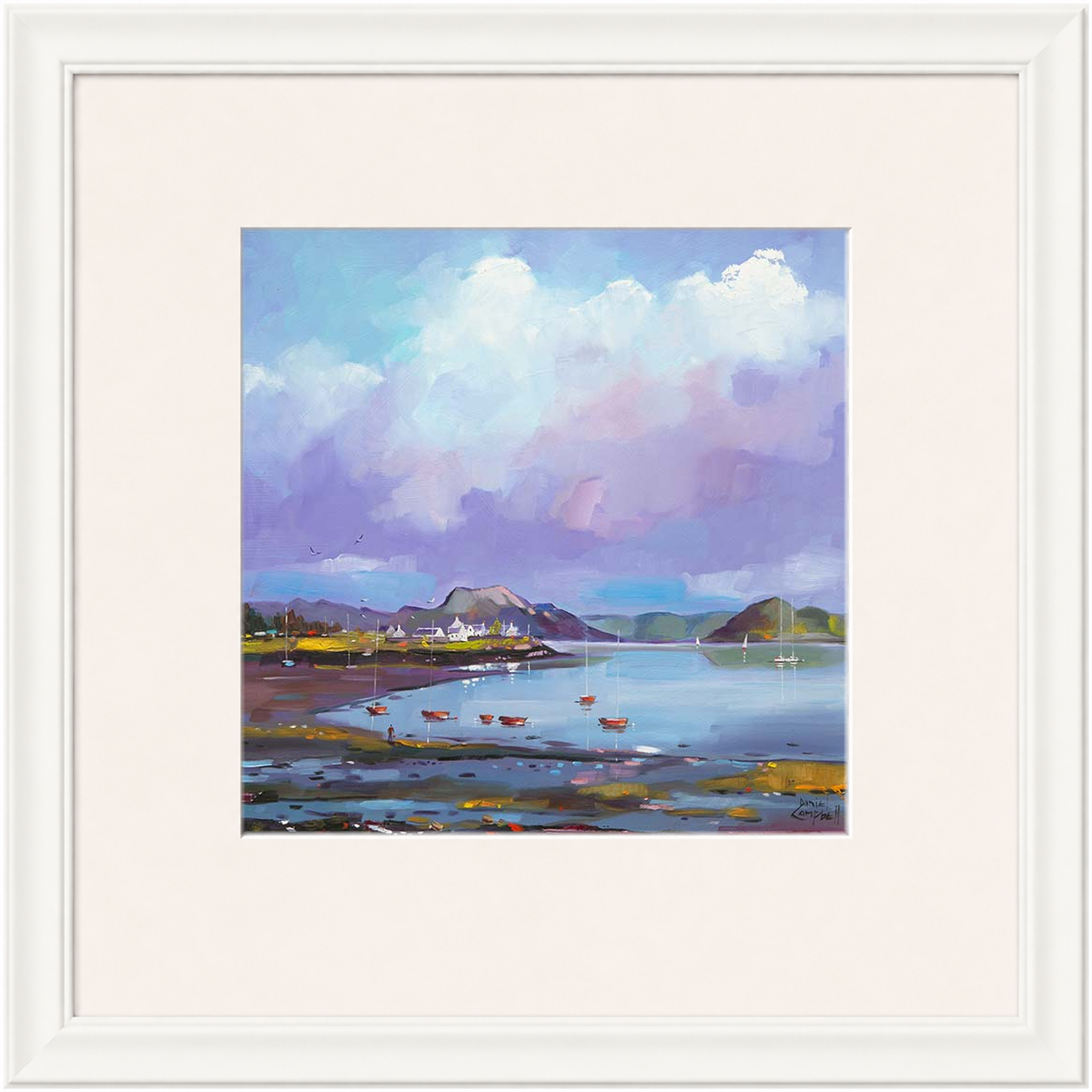 Plockton Bay by Daniel Campbell framed wall art print showing Plockton Bay with calm reflective water and soft mauve coastal tones