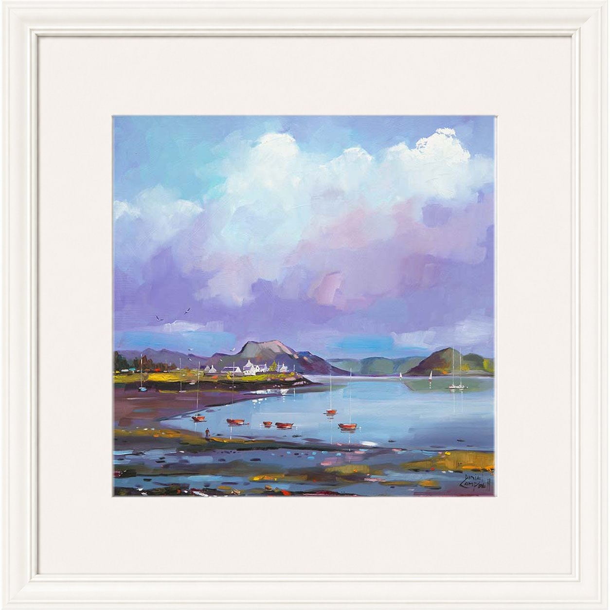 Plockton Bay by Daniel Campbell framed wall art print showing Plockton Bay with calm reflective water and soft mauve coastal tones