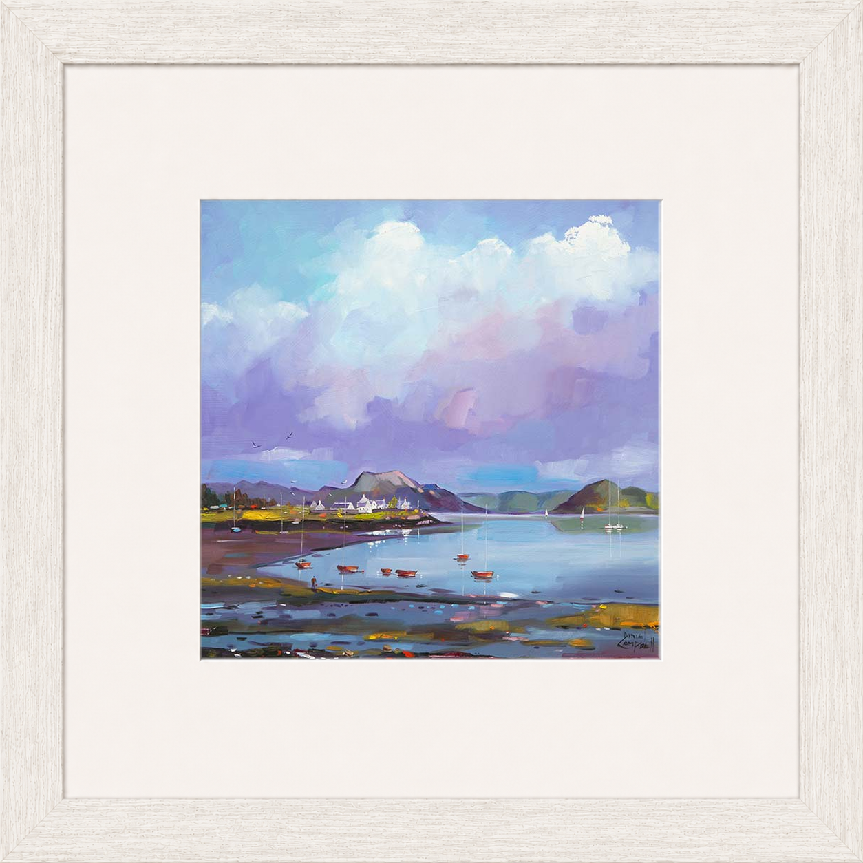 Plockton Bay by Daniel Campbell framed wall art print showing Plockton Bay with calm reflective water and soft mauve coastal tones
