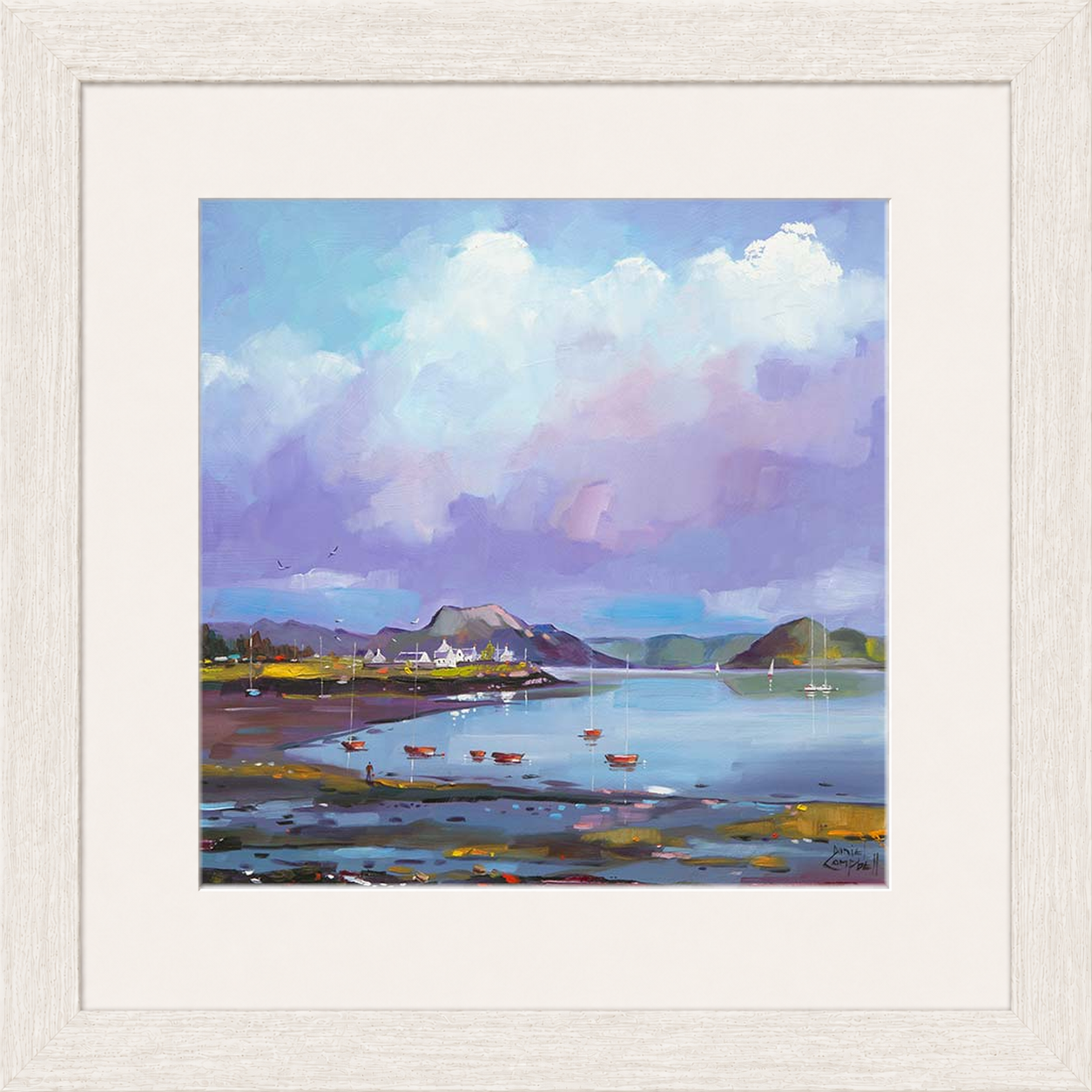 Plockton Bay by Daniel Campbell framed wall art print showing Plockton Bay with calm reflective water and soft mauve coastal tones
