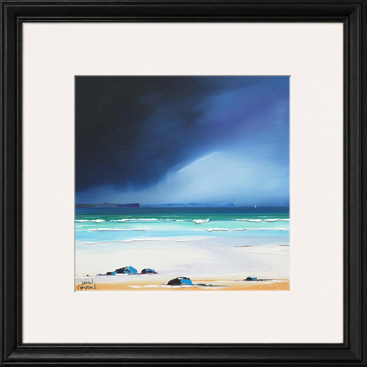 Rain Squall over Eigg by Daniel Campbell framed wall art print showing a rain squall sweeping across the water towards Eigg