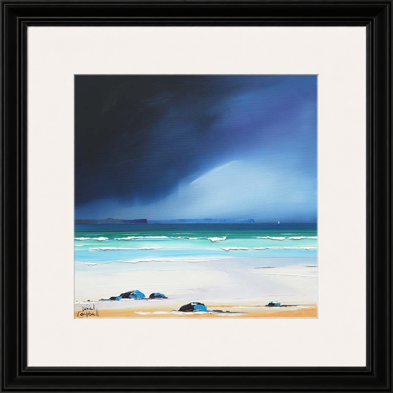 Rain Squall over Eigg by Daniel Campbell framed wall art print showing a rain squall sweeping across the water towards Eigg