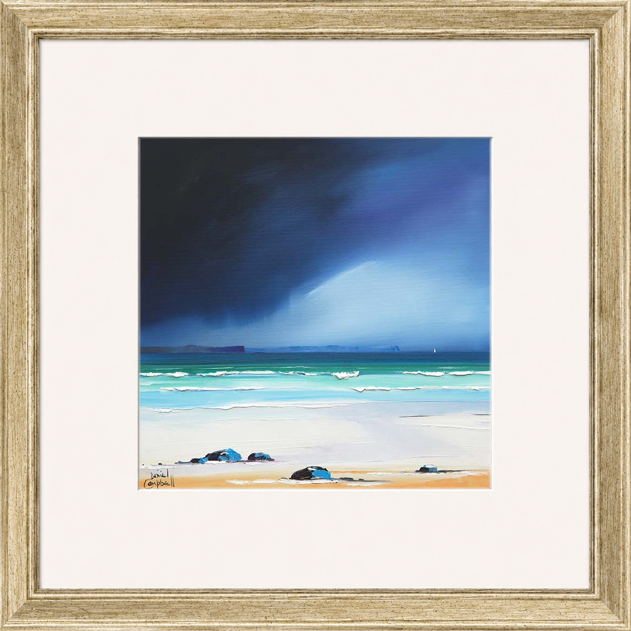 Rain Squall over Eigg by Daniel Campbell framed wall art print showing a rain squall sweeping across the water towards Eigg