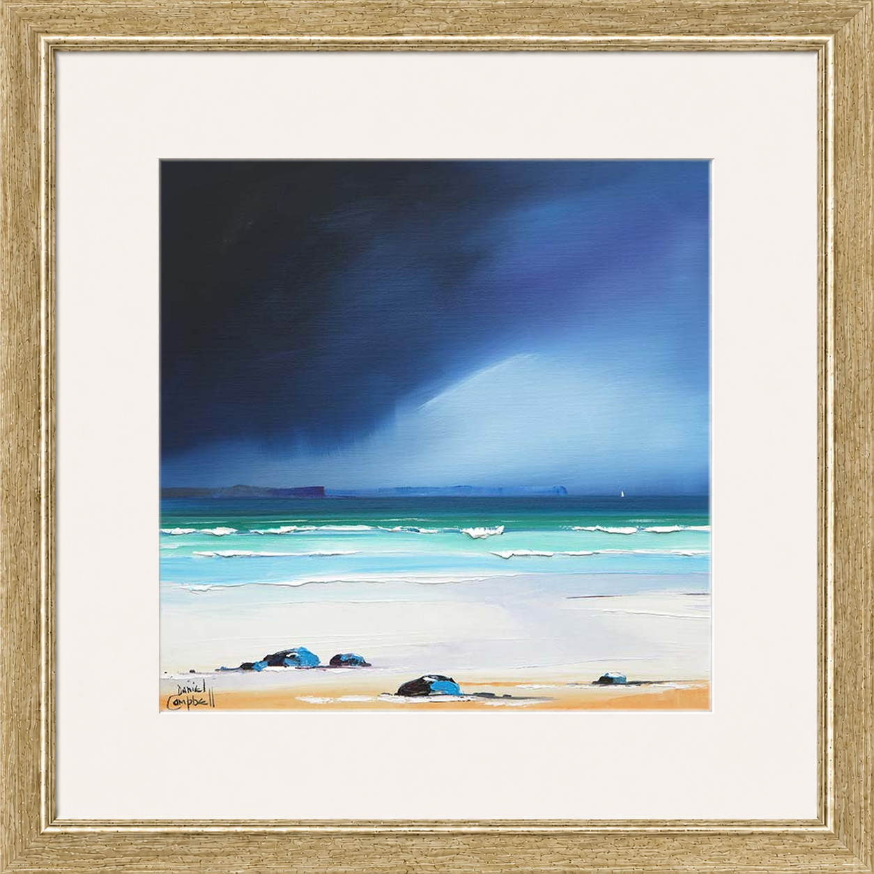 Rain Squall over Eigg by Daniel Campbell framed wall art print showing a rain squall sweeping across the water towards Eigg
