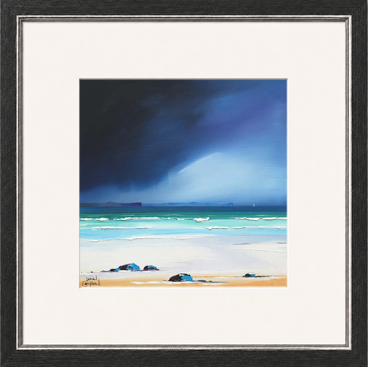 Rain Squall over Eigg by Daniel Campbell framed wall art print showing a rain squall sweeping across the water towards Eigg