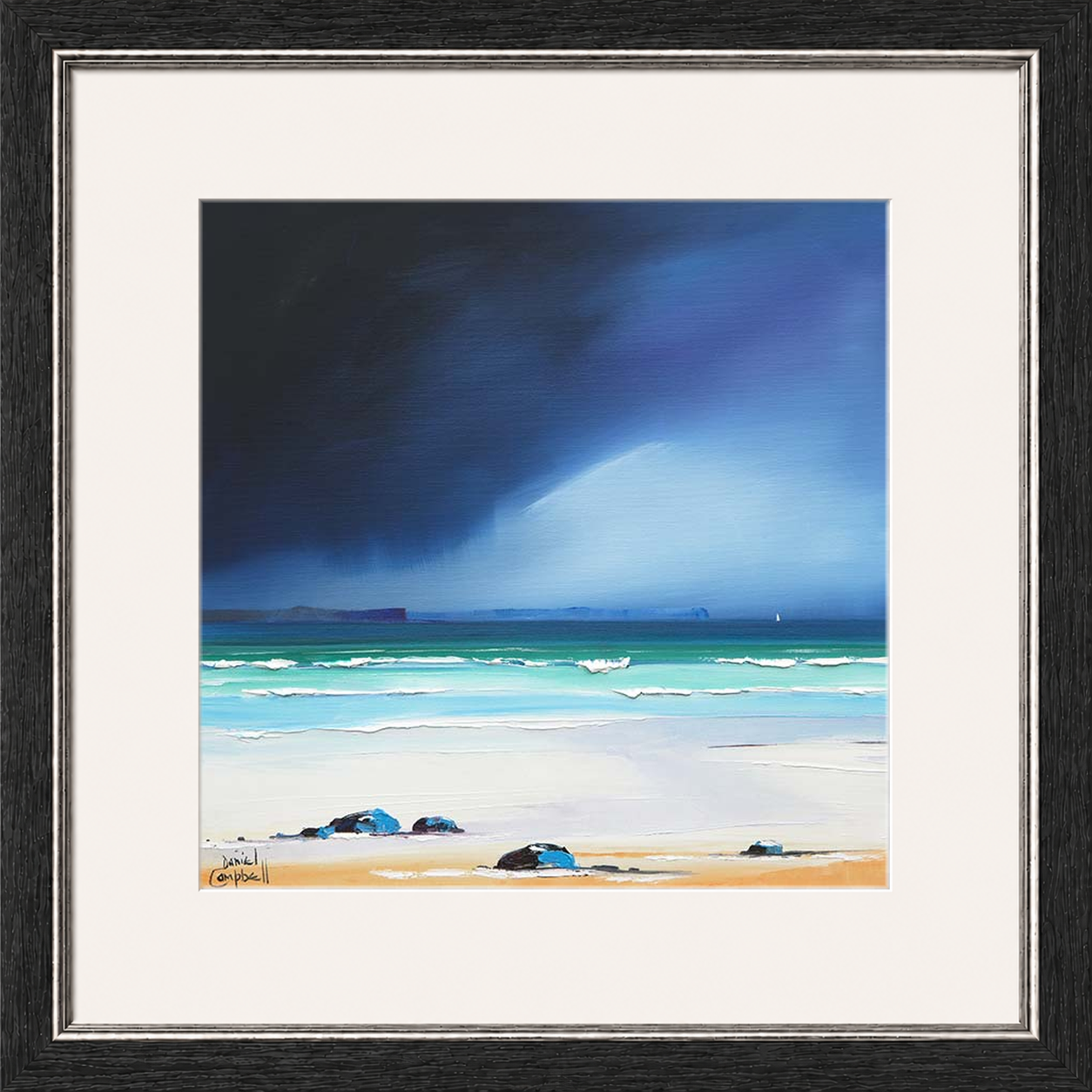 Rain Squall over Eigg by Daniel Campbell framed wall art print showing a rain squall sweeping across the water towards Eigg