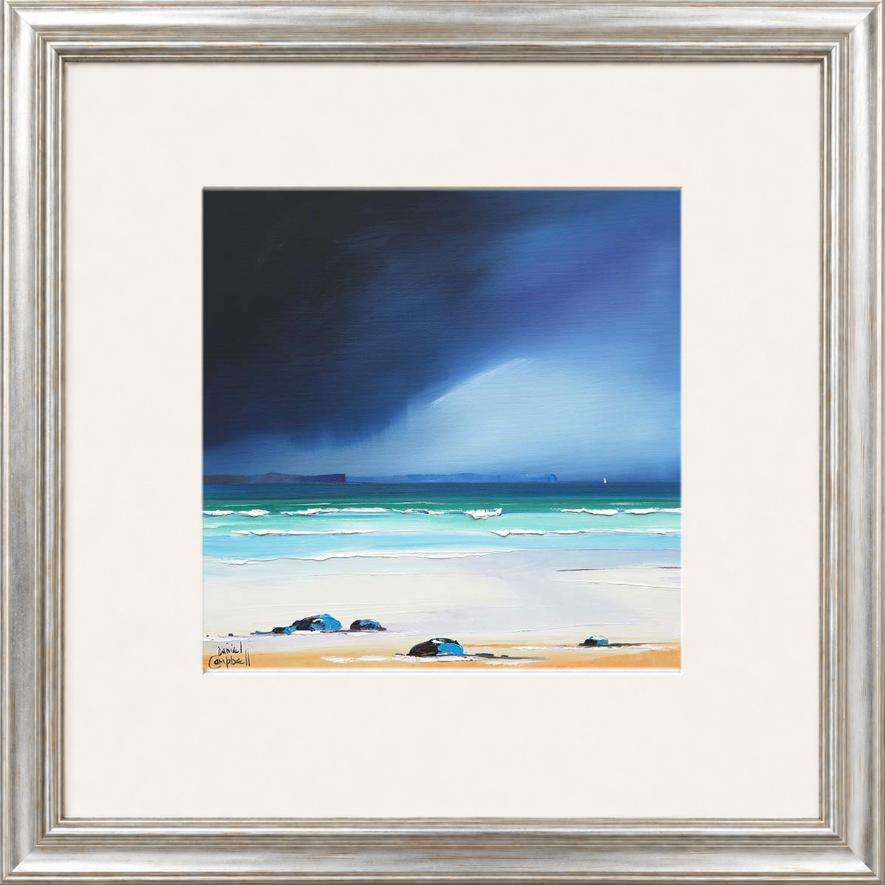 Rain Squall over Eigg by Daniel Campbell framed wall art print showing a rain squall sweeping across the water towards Eigg