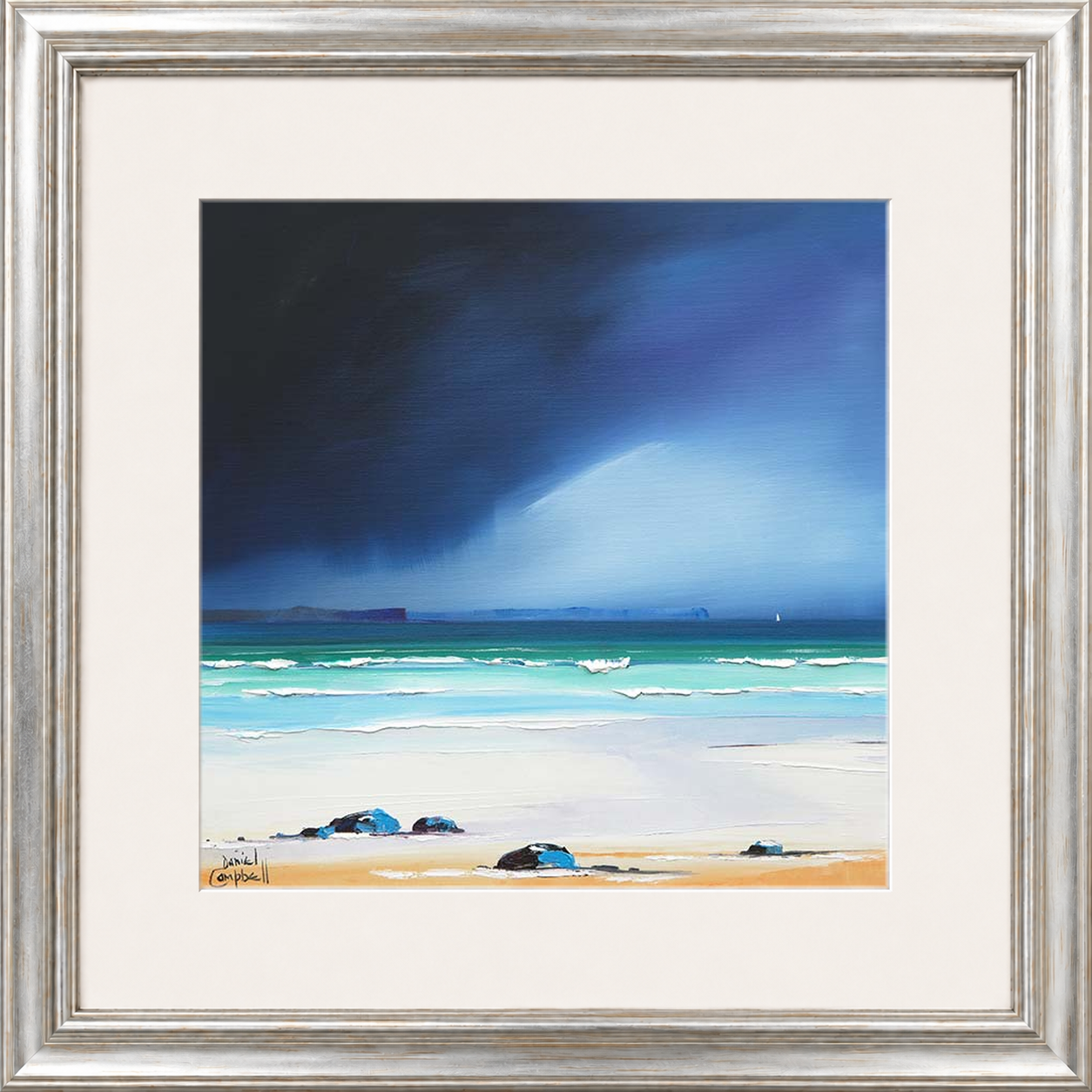 Rain Squall over Eigg by Daniel Campbell framed wall art print showing a rain squall sweeping across the water towards Eigg