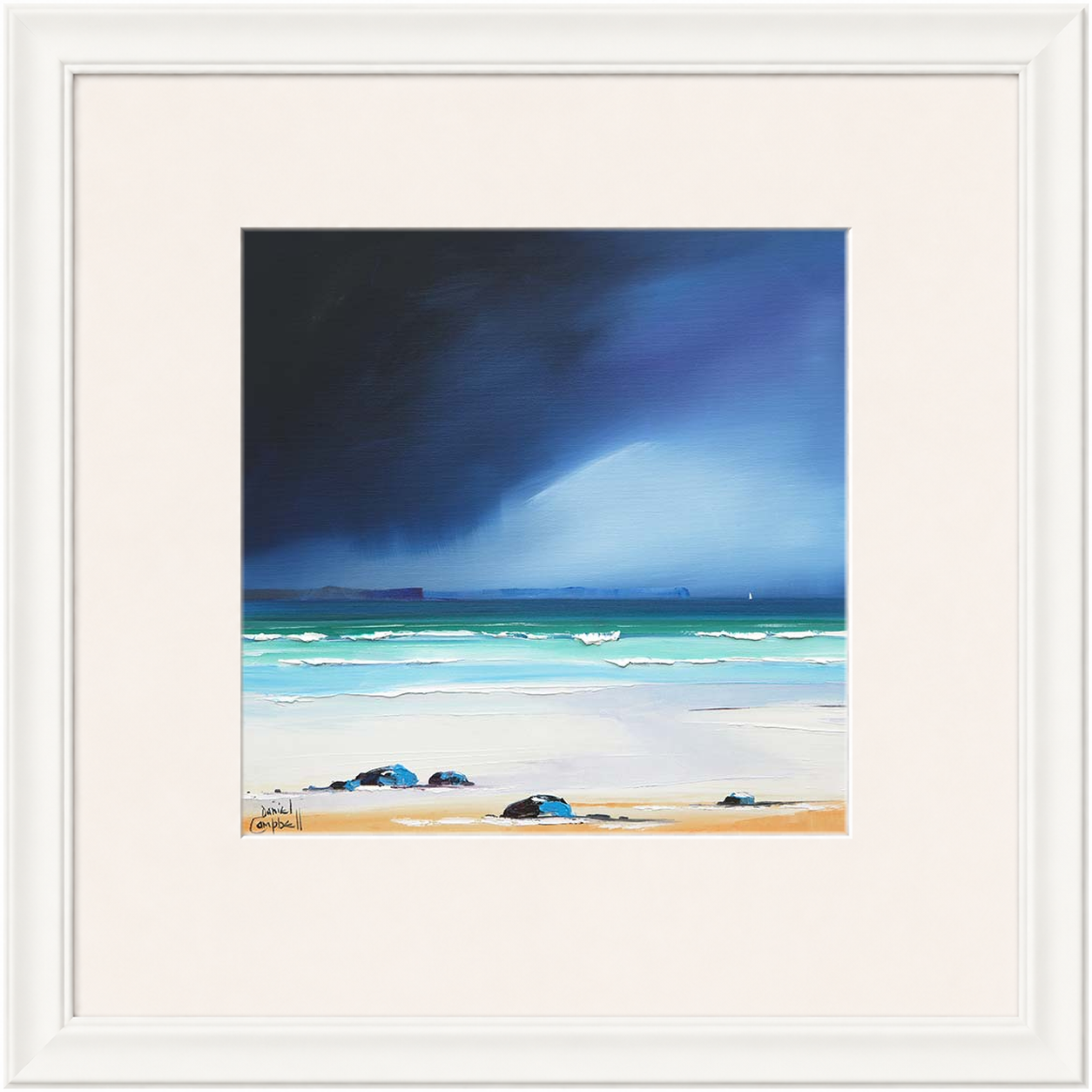 Rain Squall over Eigg by Daniel Campbell framed wall art print showing a rain squall sweeping across the water towards Eigg
