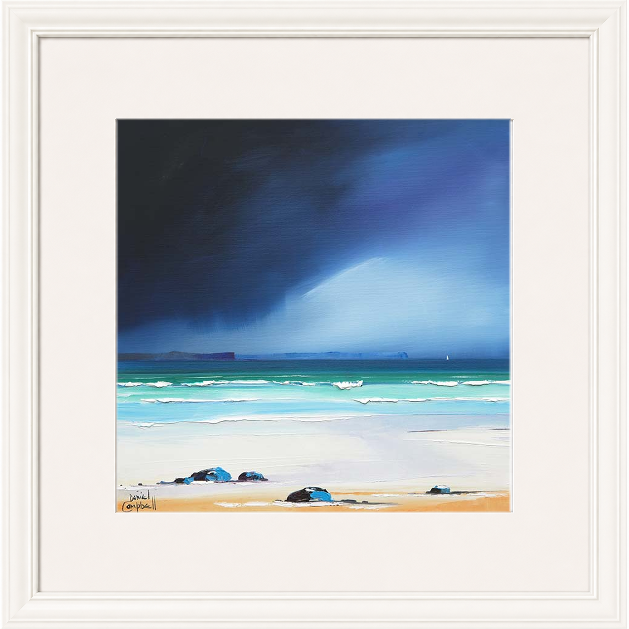 Rain Squall over Eigg by Daniel Campbell framed wall art print showing a rain squall sweeping across the water towards Eigg