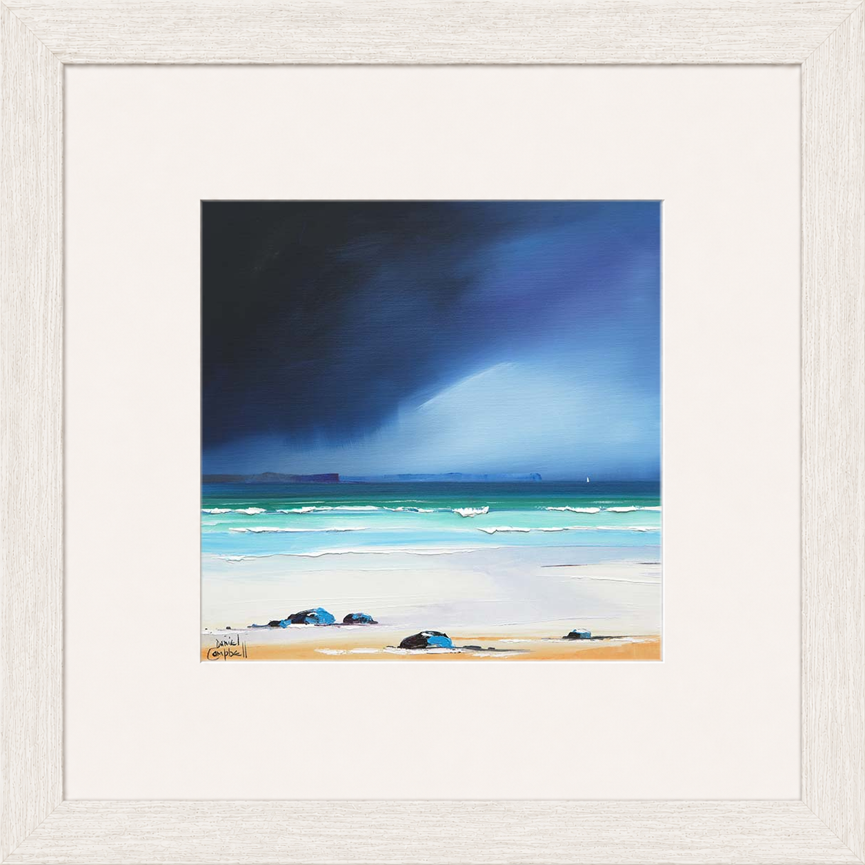 Rain Squall over Eigg by Daniel Campbell framed wall art print showing a rain squall sweeping across the water towards Eigg