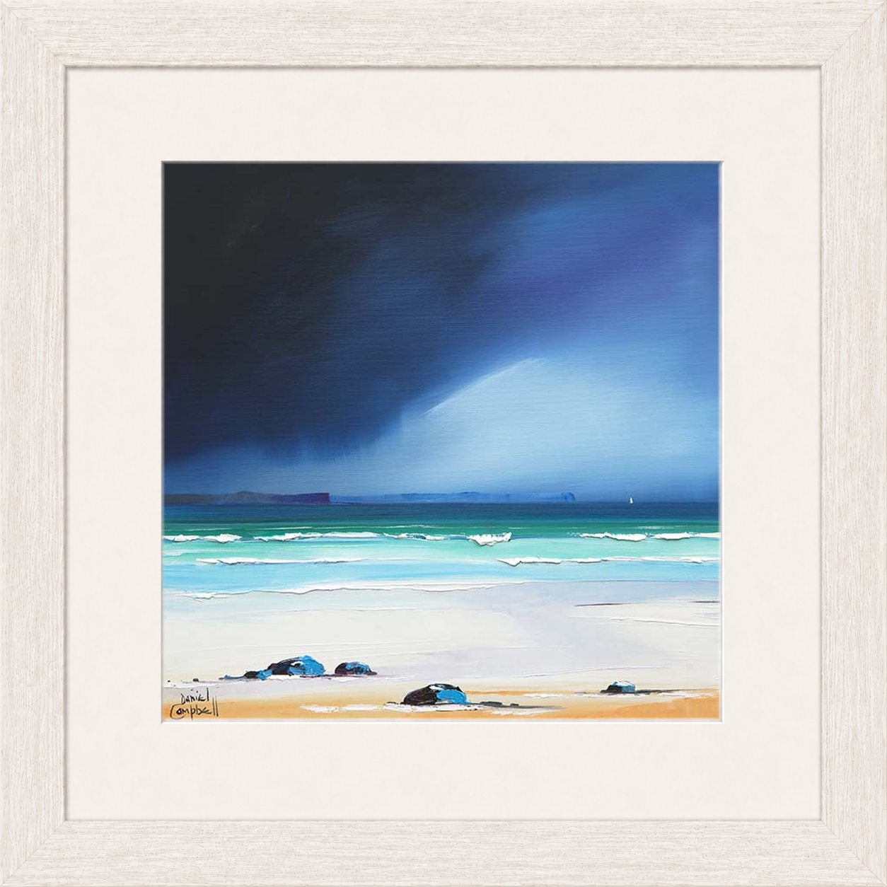 Rain Squall over Eigg by Daniel Campbell framed wall art print showing a rain squall sweeping across the water towards Eigg