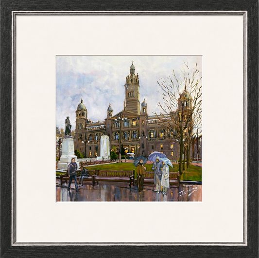 Rainy Day, George Square Glasgow by James Somerville Lindsay framed wall art print depicting a city scene centred on George Square in Glasgow in wet weather