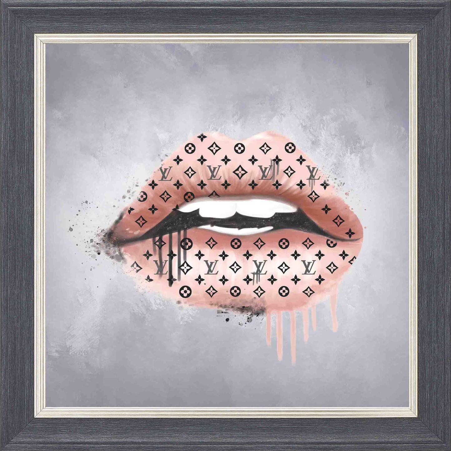Rose Gold Lips Framed Wall Art - Grey with Silver Trim