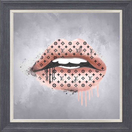 Rose Gold Lips Framed Wall Art - Grey with Silver Trim