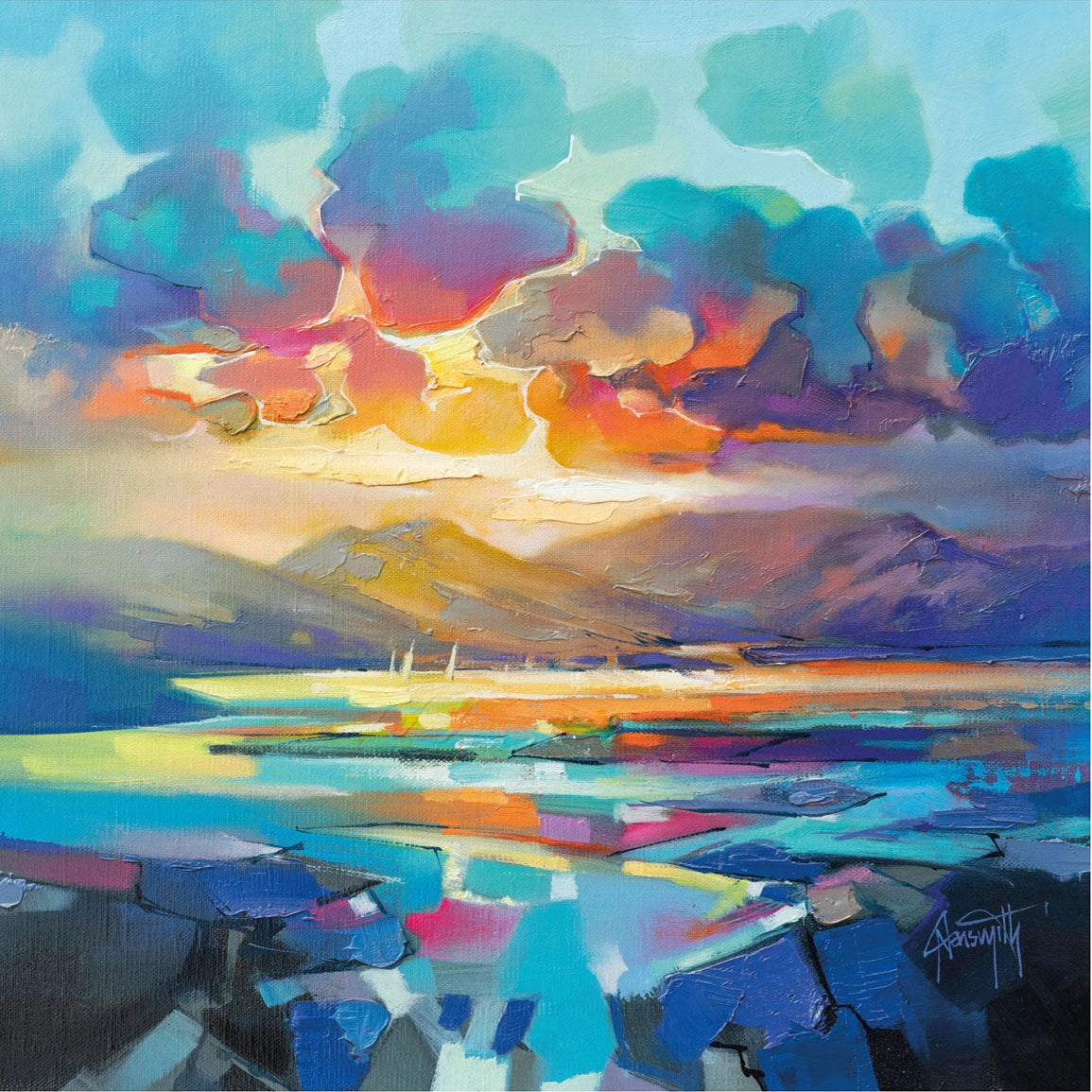 Colorful abstract landscape painting with a sunset over water and mountains.
