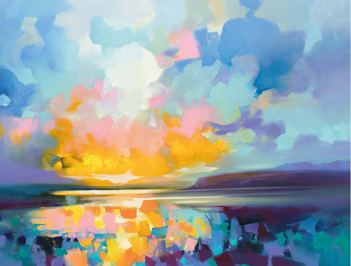 Colorful abstract landscape with clouds and water reflection