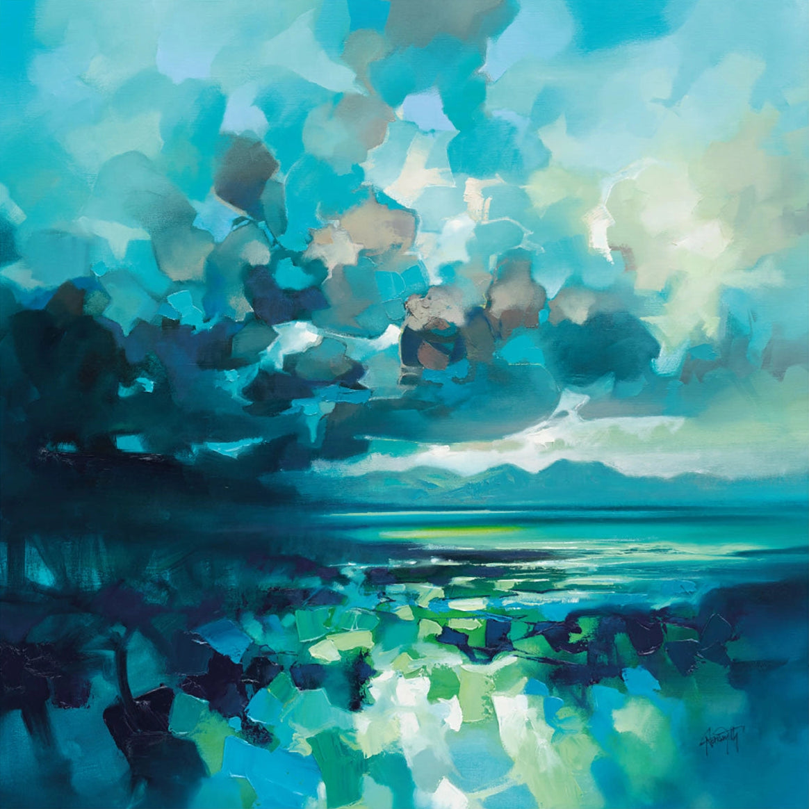 Abstract painting of a sky with clouds and water reflection