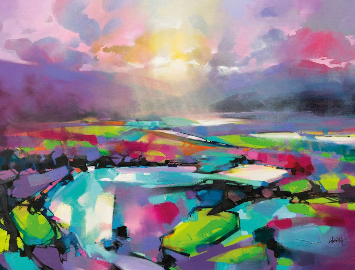 Colorful abstract landscape painting with a bright sky.