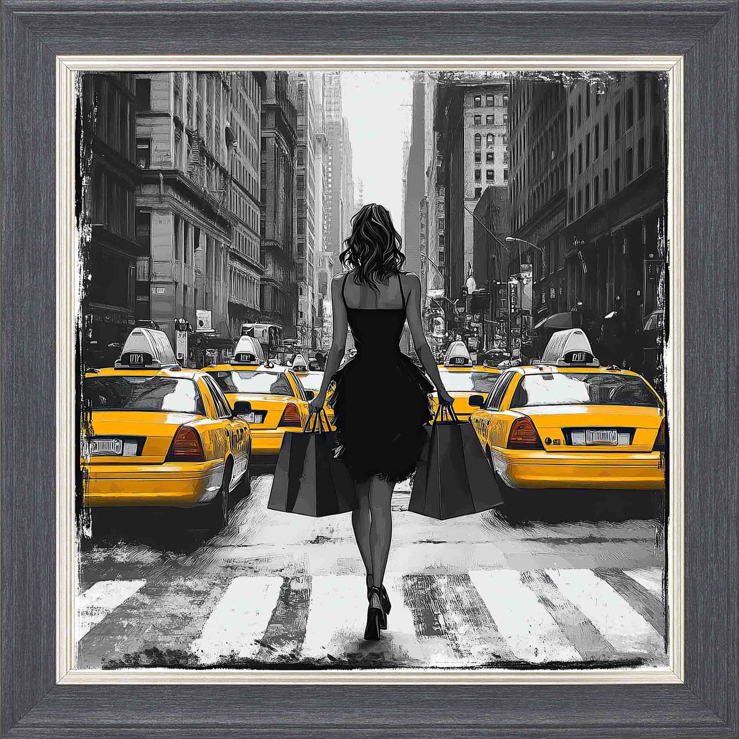 Shopping In The Bustle Framed Wall Art - Grey with Silver Trim