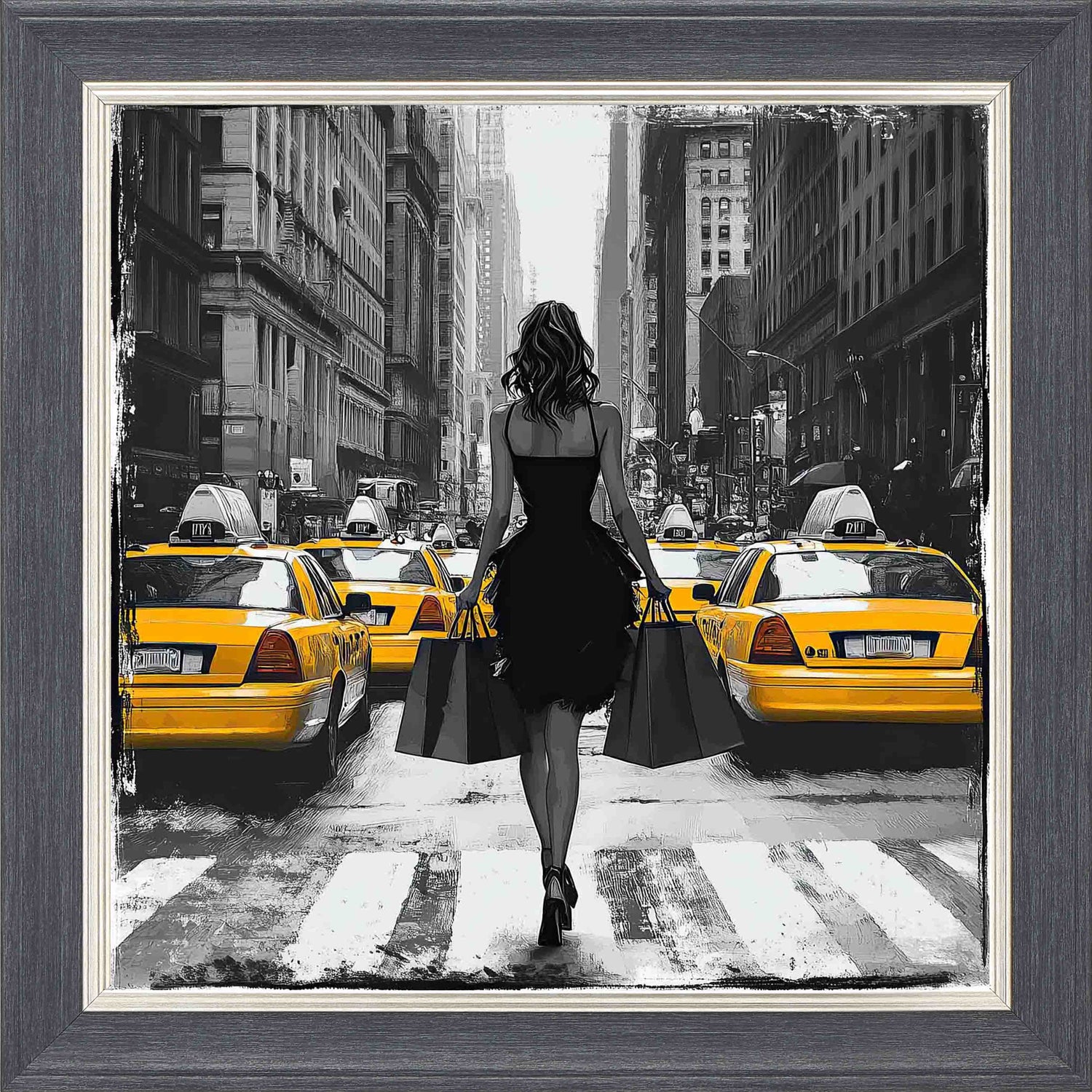 Shopping In The Bustle Framed Wall Art - Grey with Silver Trim