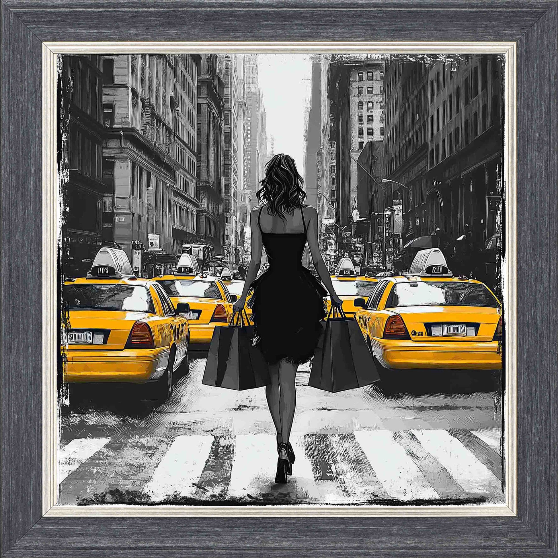 Shopping In The Bustle Framed Wall Art - Grey with Silver Trim