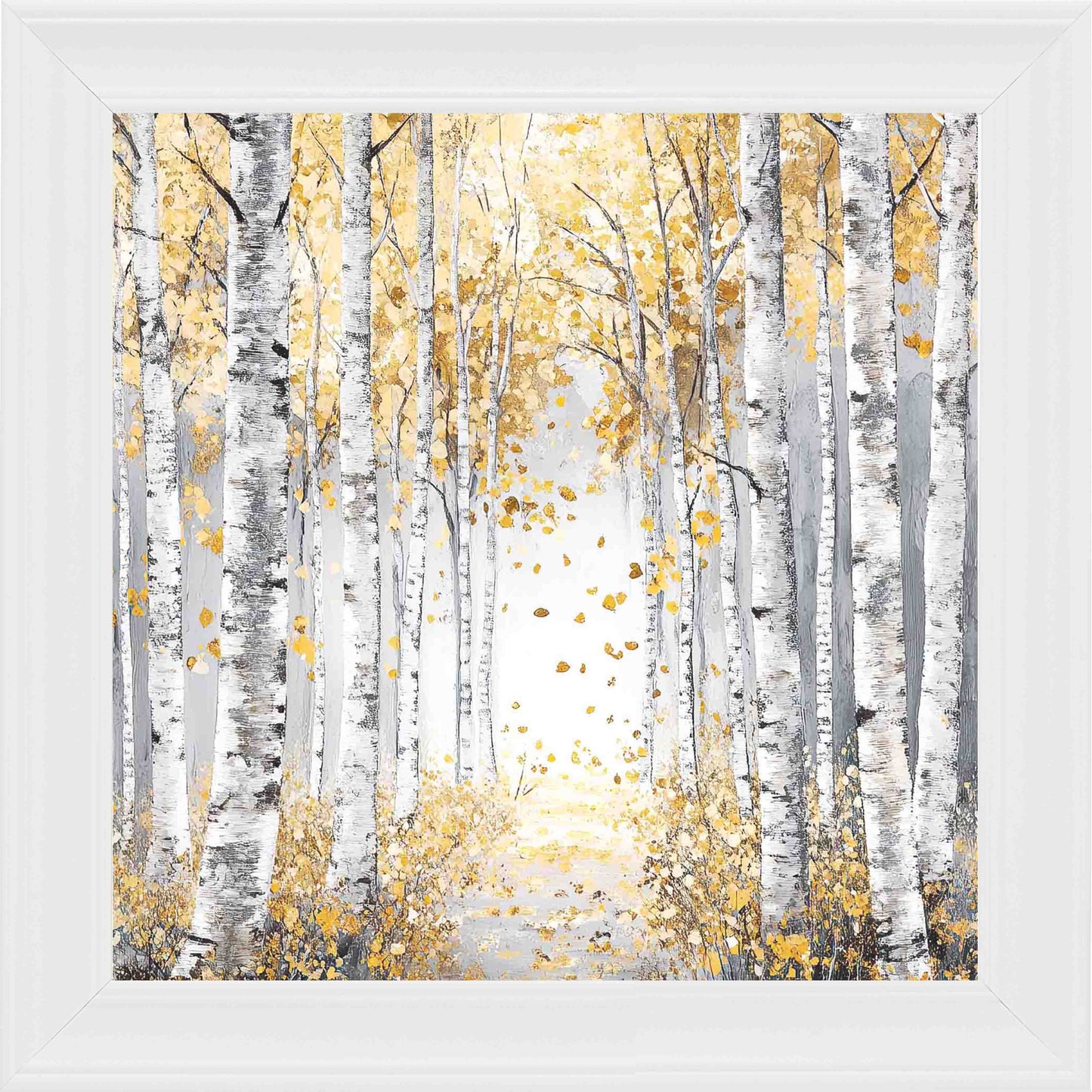 Silver Birch Golden Leaves Framed Wall Art - White