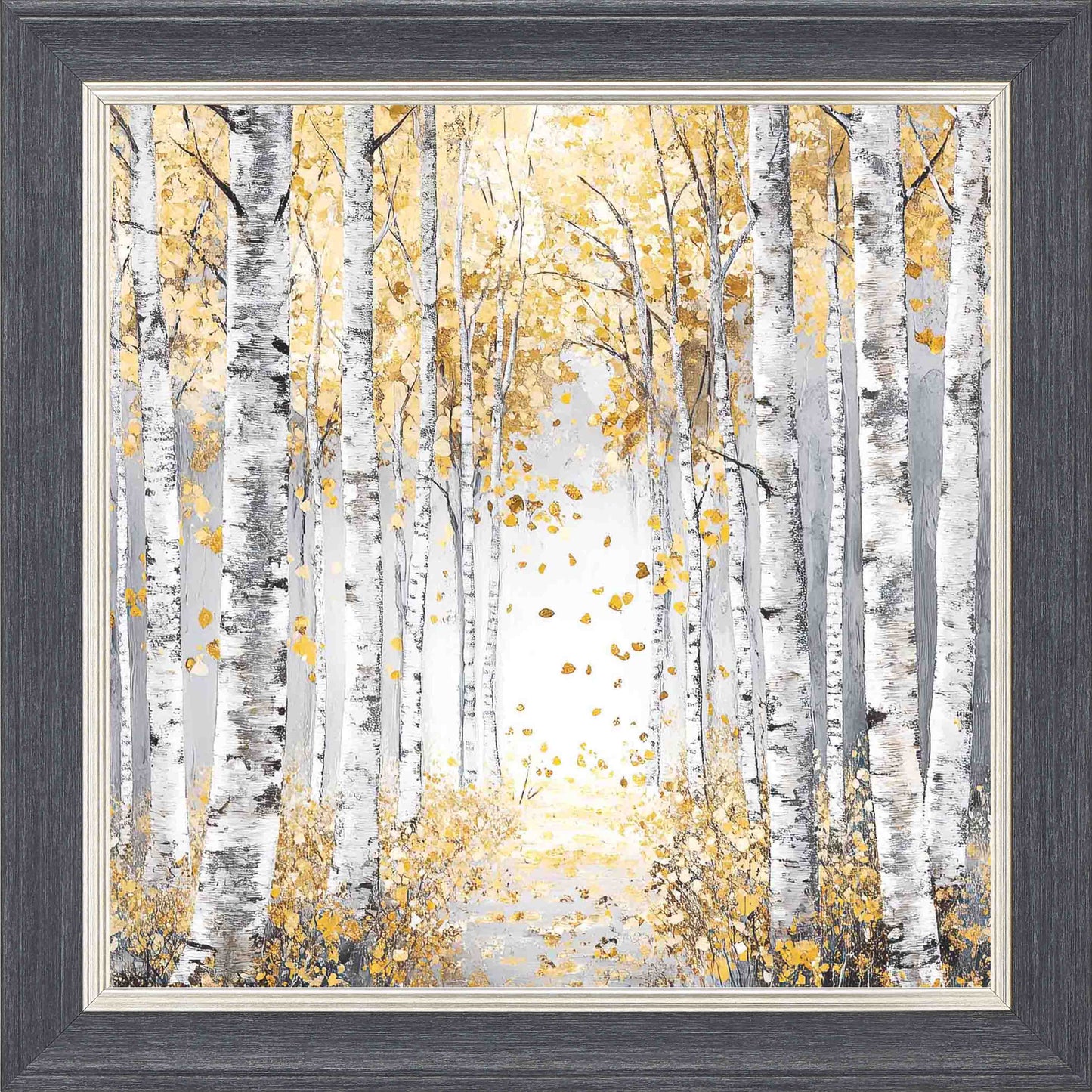 Silver Birch Golden Leaves Framed Wall Art - Grey with Silver Trim
