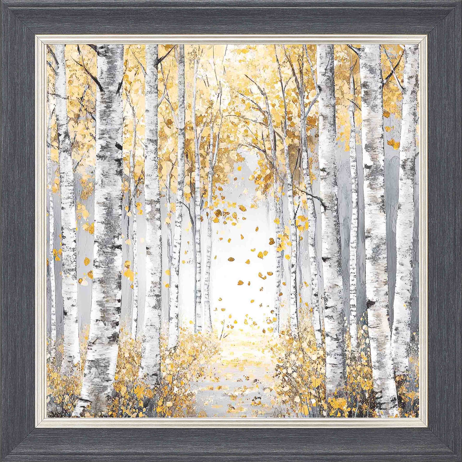 Silver Birch Golden Leaves Framed Wall Art - Grey with Silver Trim