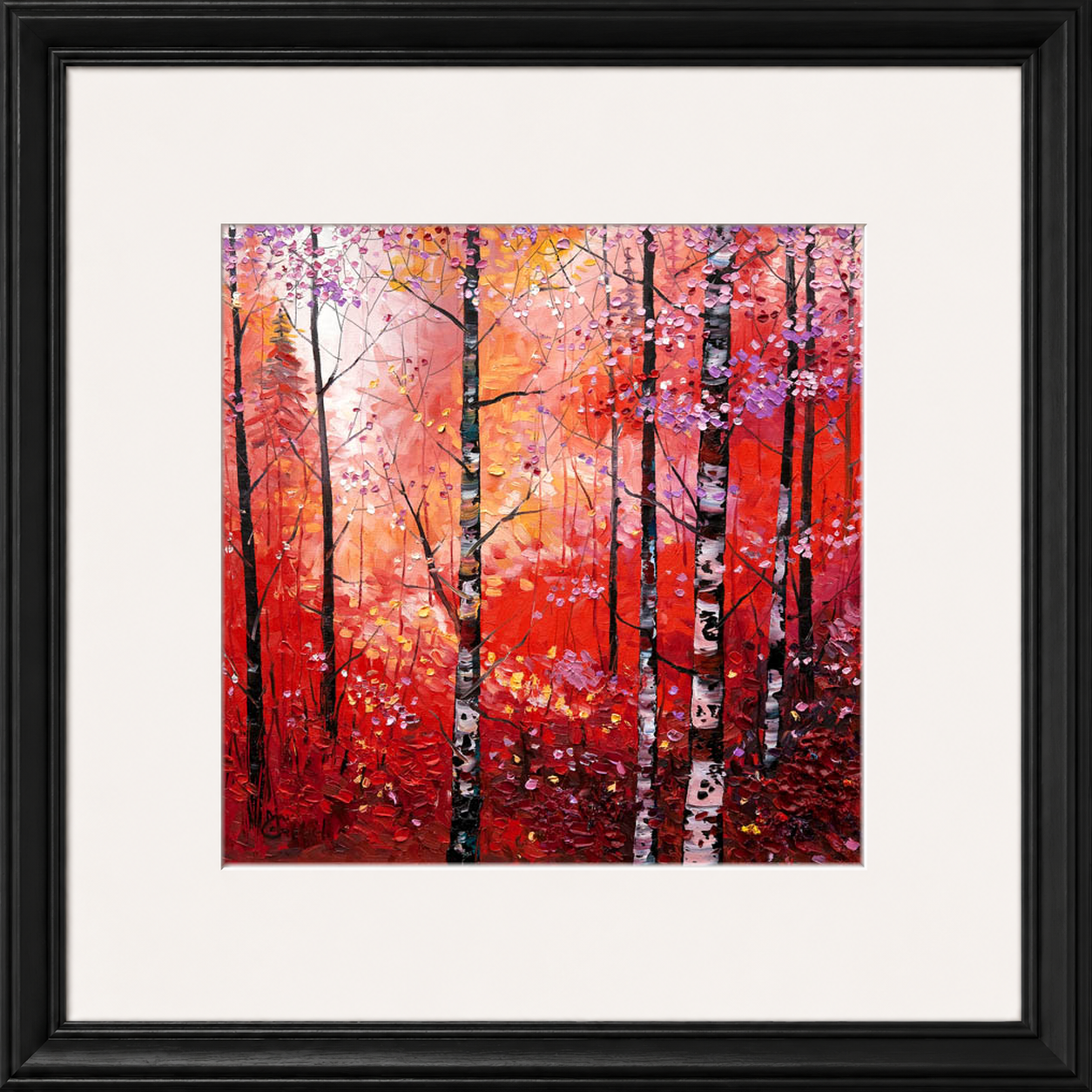 Silver Birches in Autumn by Daniel Campbell framed wall art print showing silver birch trees surrounded by rich autumn reds and golds