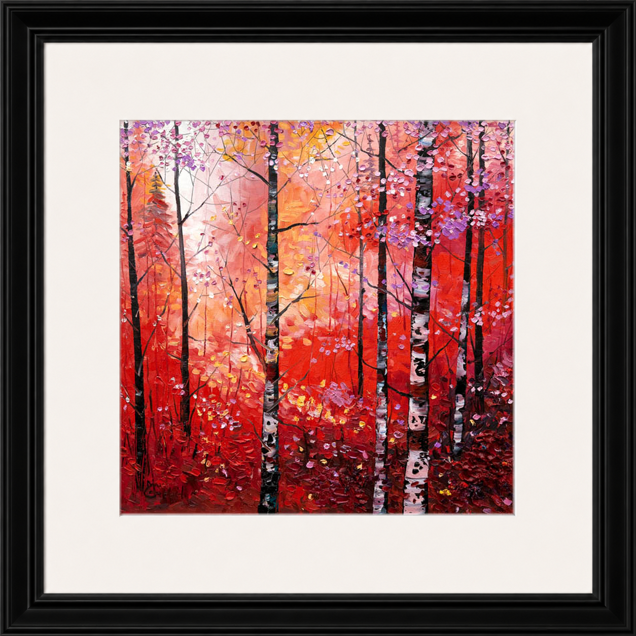 Silver Birches in Autumn by Daniel Campbell framed wall art print showing silver birch trees surrounded by rich autumn reds and golds
