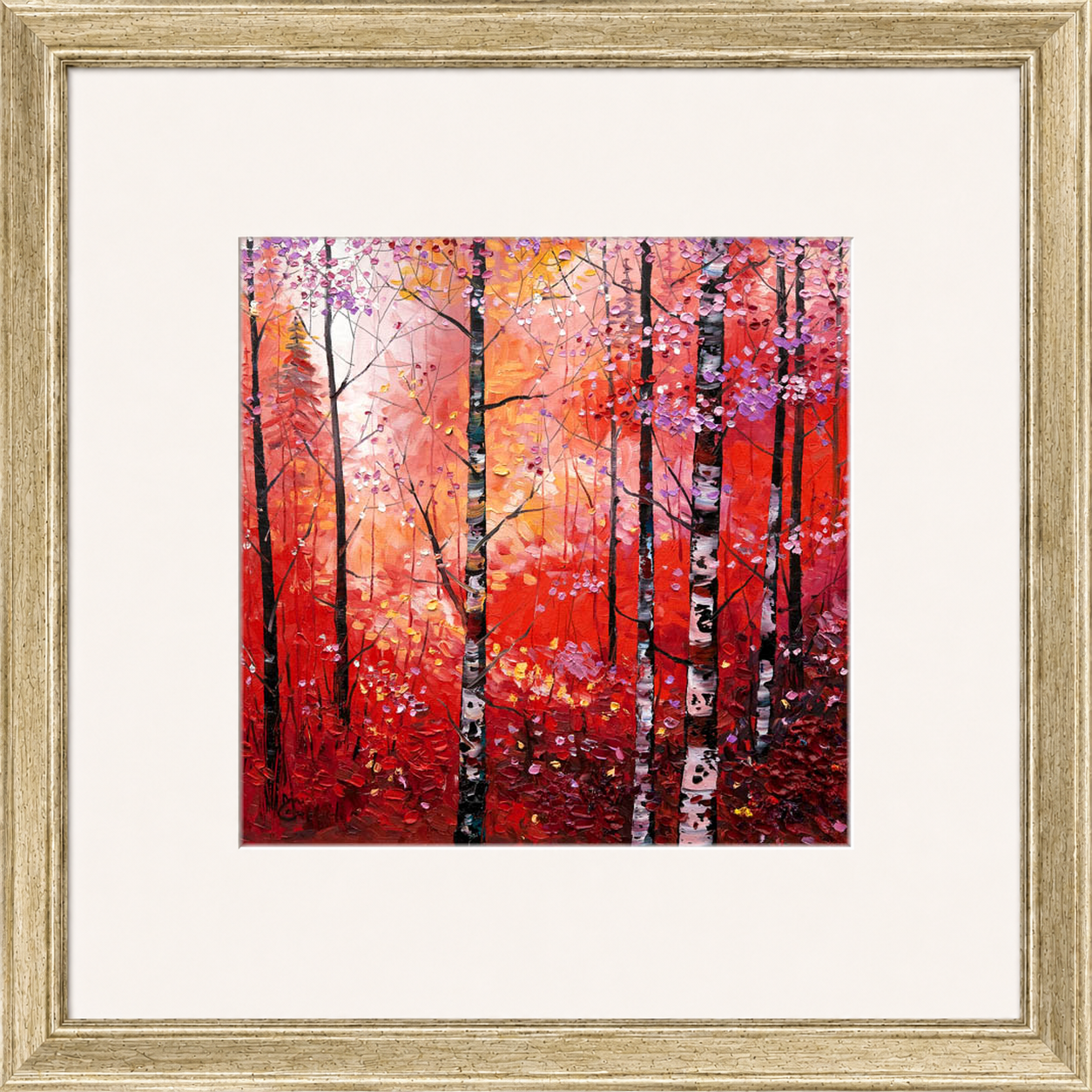 Silver Birches in Autumn by Daniel Campbell framed wall art print showing silver birch trees surrounded by rich autumn reds and golds