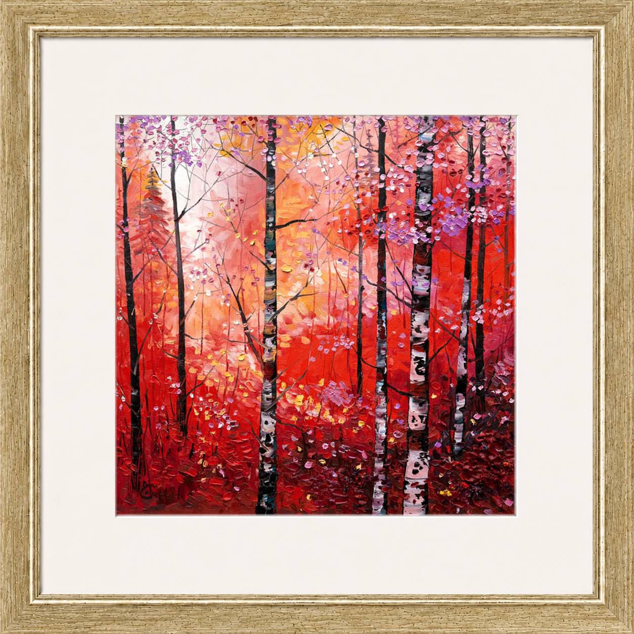 Silver Birches in Autumn by Daniel Campbell framed wall art print showing silver birch trees surrounded by rich autumn reds and golds