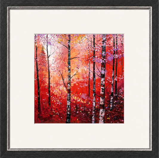 Silver Birches in Autumn by Daniel Campbell framed wall art print showing silver birch trees surrounded by rich autumn reds and golds