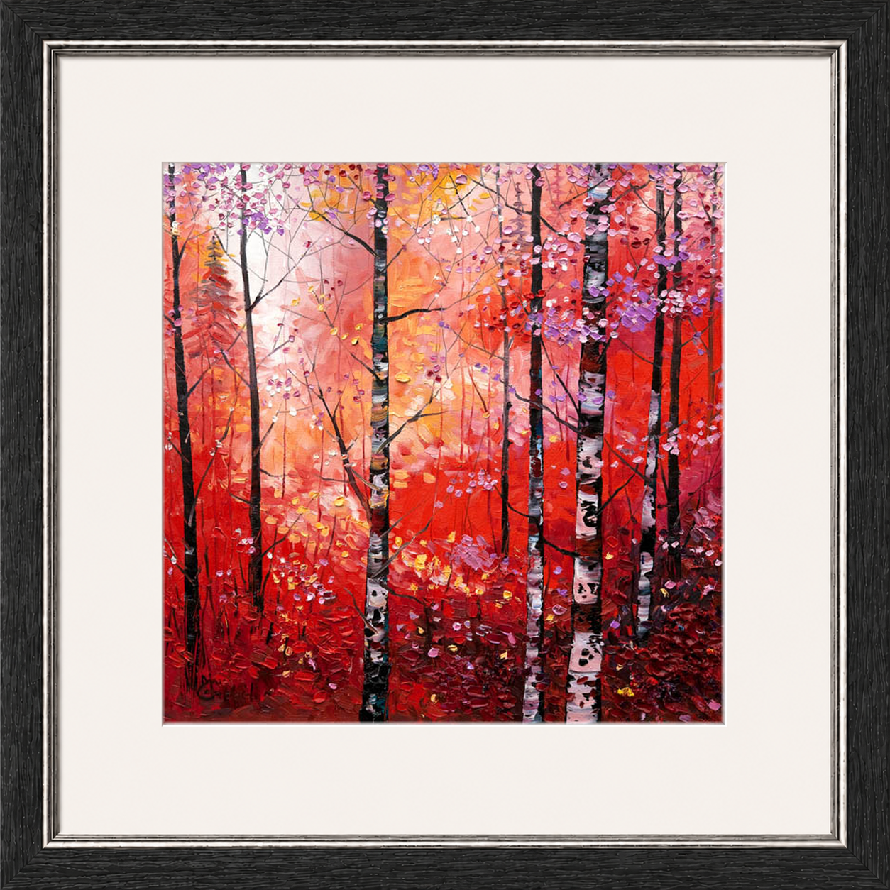 Silver Birches in Autumn by Daniel Campbell framed wall art print showing silver birch trees surrounded by rich autumn reds and golds