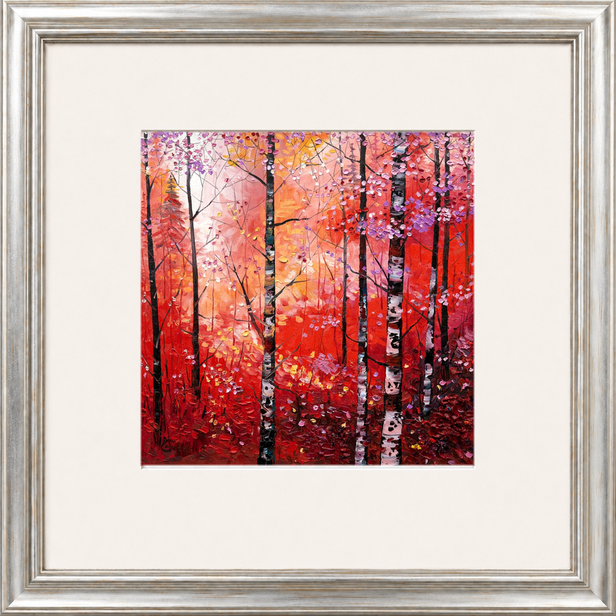 Silver Birches in Autumn by Daniel Campbell framed wall art print showing silver birch trees surrounded by rich autumn reds and golds