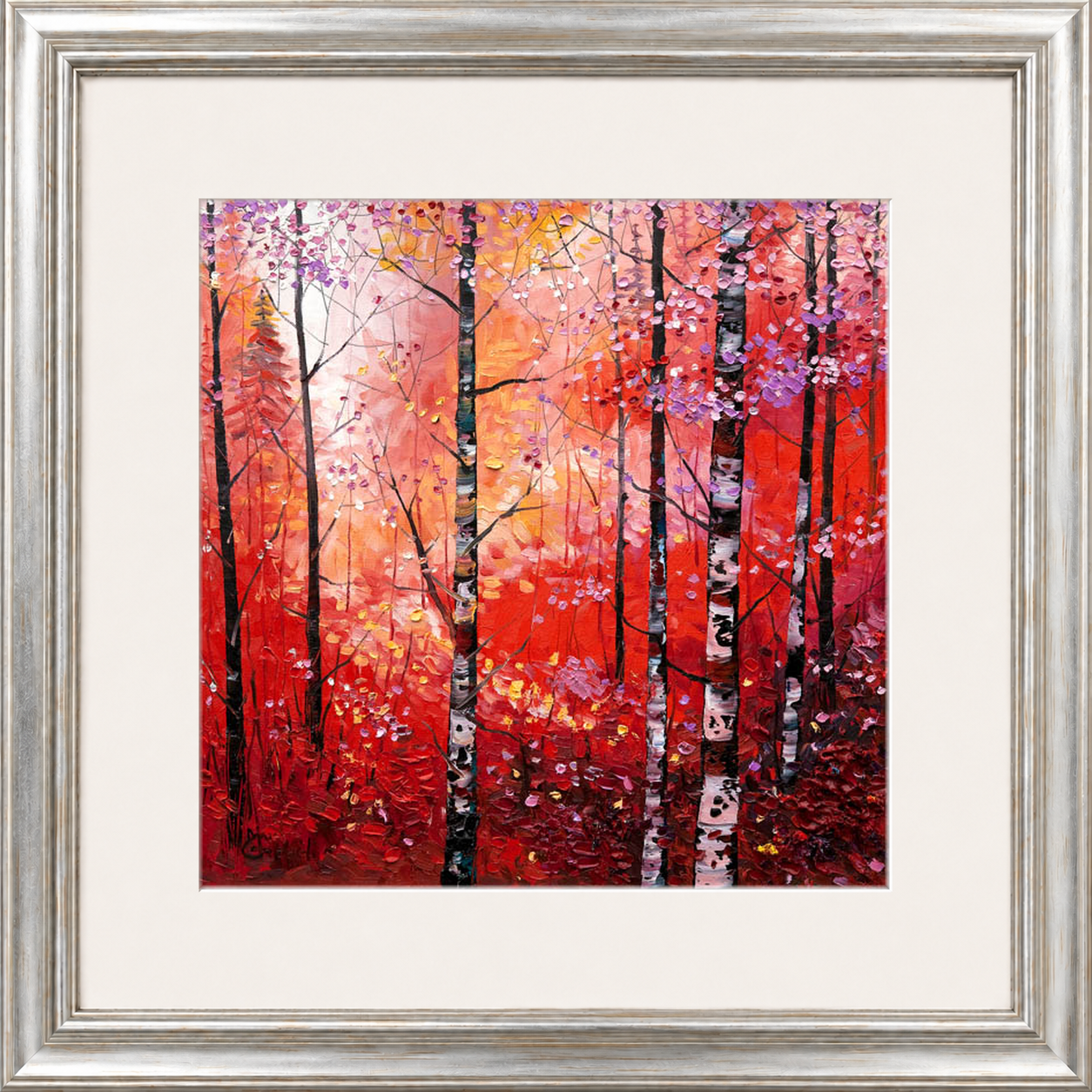 Silver Birches in Autumn by Daniel Campbell framed wall art print showing silver birch trees surrounded by rich autumn reds and golds