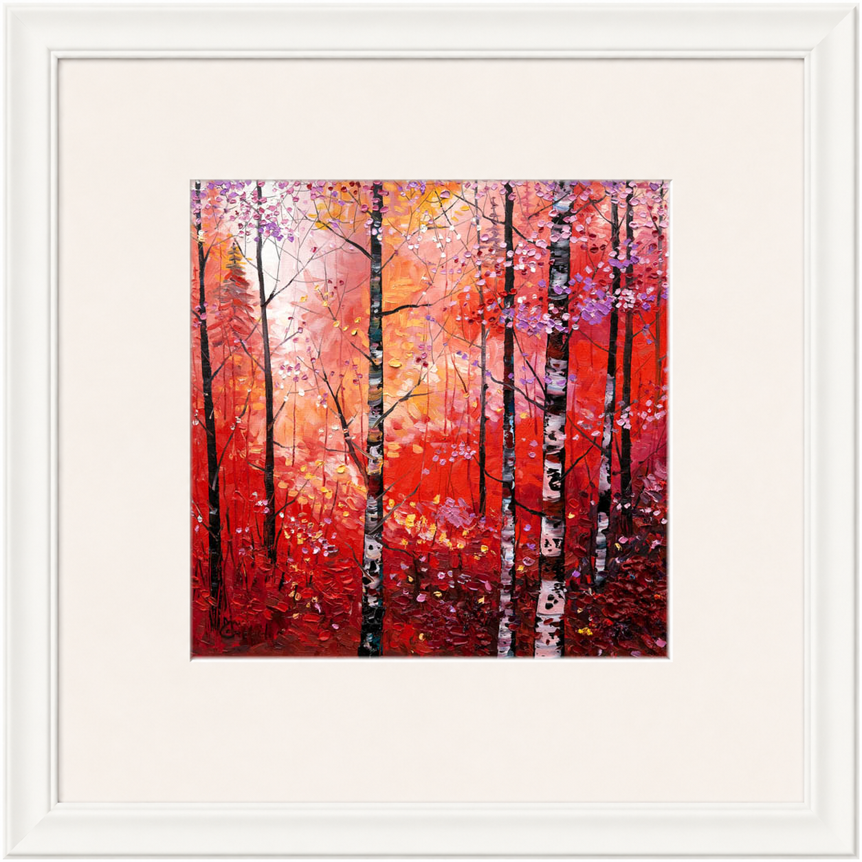 Silver Birches in Autumn by Daniel Campbell framed wall art print showing silver birch trees surrounded by rich autumn reds and golds