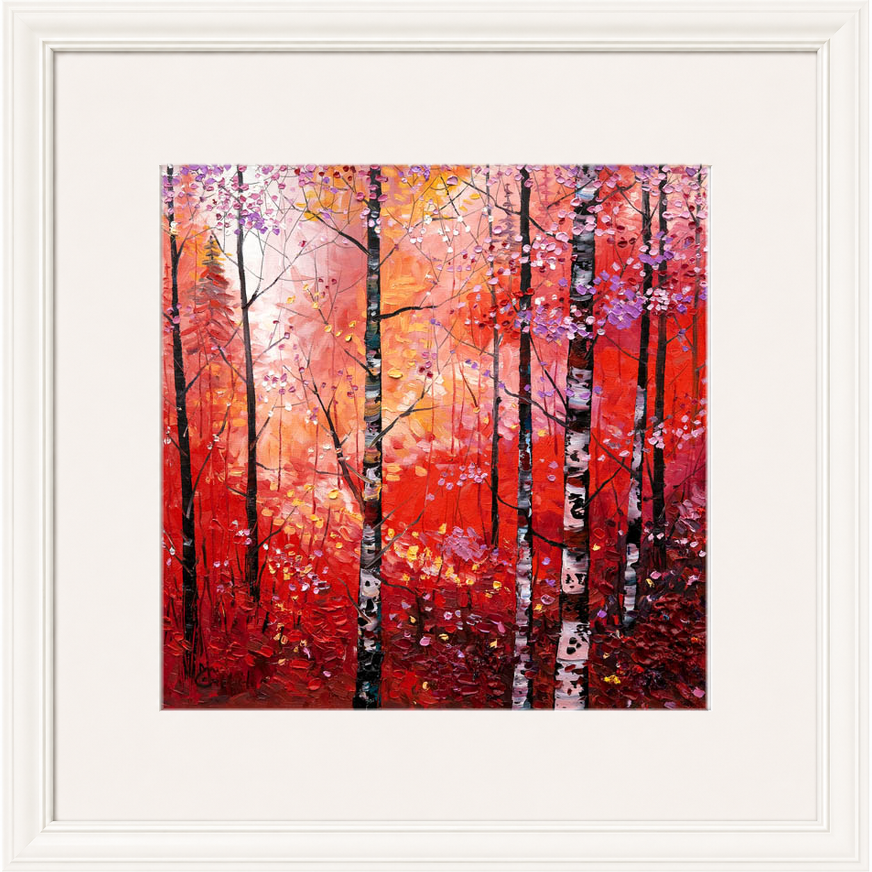 Silver Birches in Autumn by Daniel Campbell framed wall art print showing silver birch trees surrounded by rich autumn reds and golds