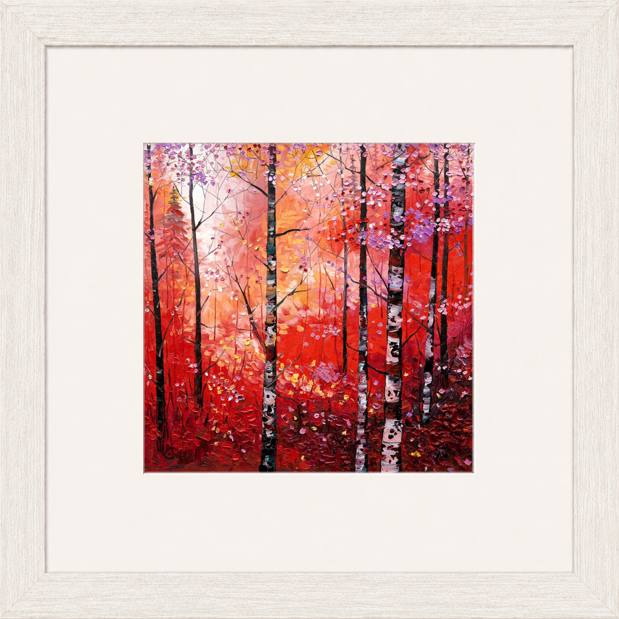 Silver Birches in Autumn by Daniel Campbell framed wall art print showing silver birch trees surrounded by rich autumn reds and golds