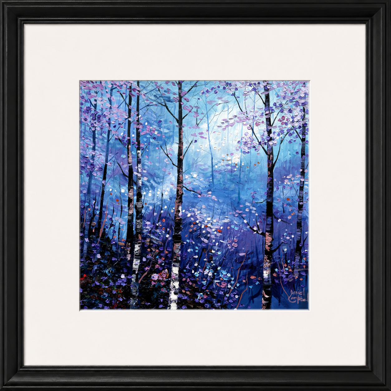Silver Birches in Winter by Daniel Campbell framed wall art print showing silver birch trees in an atmospheric blue winter woodland