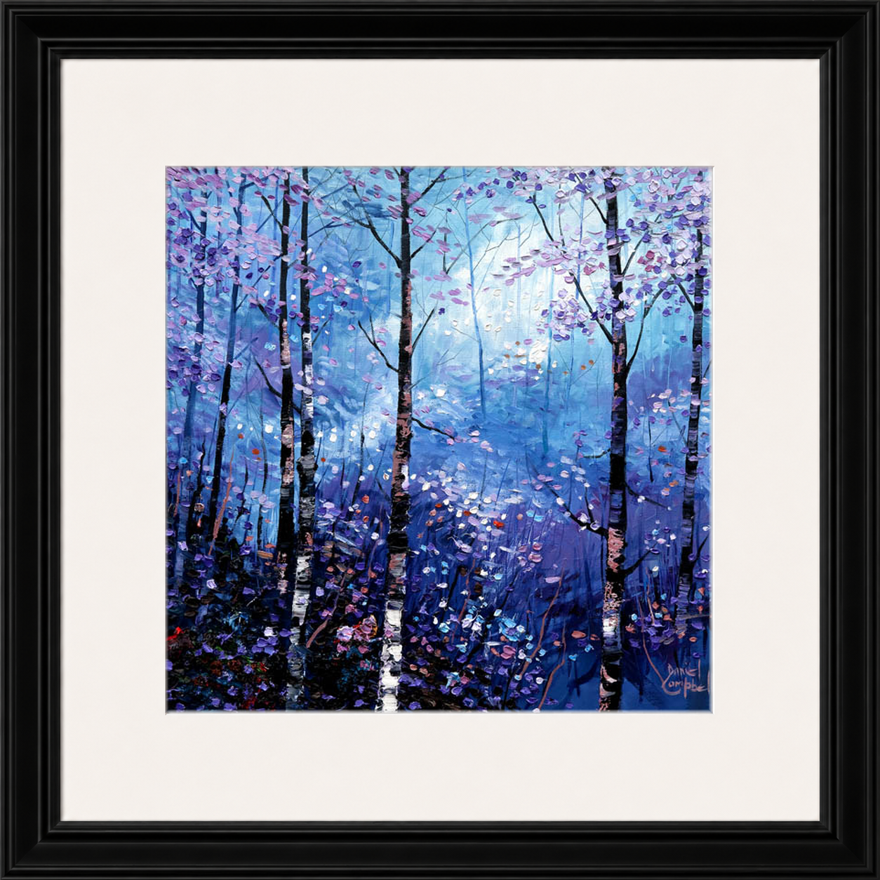 Silver Birches in Winter by Daniel Campbell framed wall art print showing silver birch trees in an atmospheric blue winter woodland