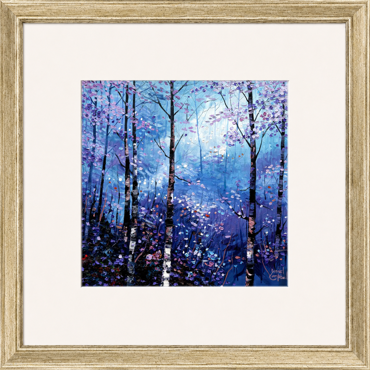 Silver Birches in Winter by Daniel Campbell framed wall art print showing silver birch trees in an atmospheric blue winter woodland