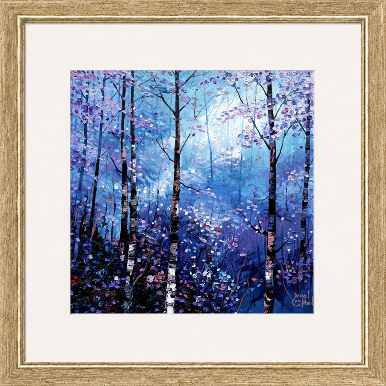 Silver Birches in Winter by Daniel Campbell framed wall art print showing silver birch trees in an atmospheric blue winter woodland